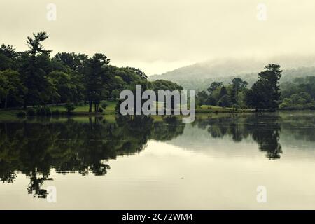 Der stille See wirkt wie ein Spiegel, der Bäume wie ein Kaleidoskop reflektiert, am Beaver Lake in Asheville, NC, USA Stockfoto