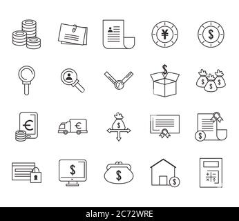 Linie Symbol Satz von Geld Geschäft Finanzbankwesen Handel und Markt Thema Vektor-Illustration Stock Vektor