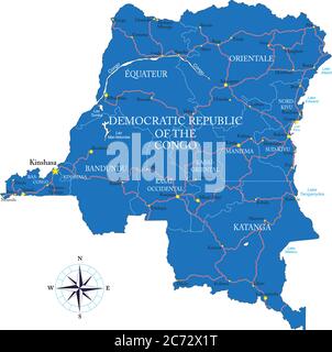 Detaillierte Vektorkarte der Demokratischen Republik Kongo mit Verwaltungsgebieten, Hauptstädten und Straßen. Stock Vektor