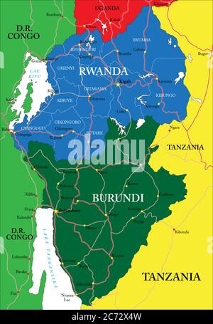 Sehr detaillierte Vektorkarte von Ruanda mit Verwaltungsgebieten, Hauptstädten und Straßen. Stock Vektor