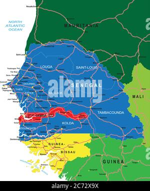 Senegal sehr detaillierte Vektorkarte mit Verwaltungsregionen, Hauptstädten und Straßen. Stock Vektor