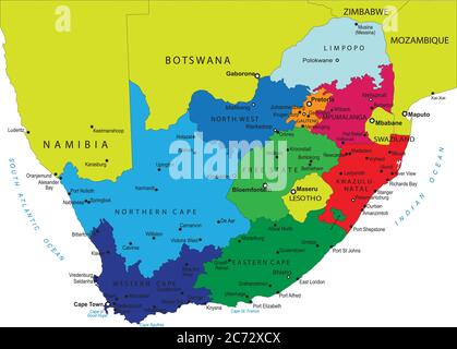 Sehr detaillierte Vektorkarte von Südafrika mit administrativen Regionen und Hauptstädten. Stock Vektor