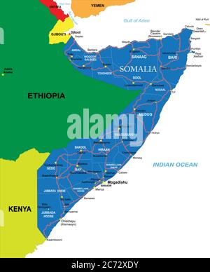 Sehr detaillierte Vektorkarte von Somalia mit Verwaltungsregionen, Hauptstädten und Straßen. Stock Vektor