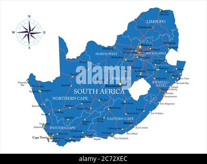 Sehr detaillierte Vektorkarte von Südafrika mit Verwaltungsregionen, Hauptstädten und Straßen. Stock Vektor