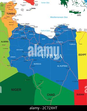 Sehr detaillierte Vektorkarte von Libyen mit Verwaltungsregionen, Hauptstädten und Straßen. Stock Vektor