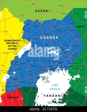 Uganda sehr detaillierte Vektorkarte mit Verwaltungsregionen, Hauptstädten und Straßen. Stock Vektor