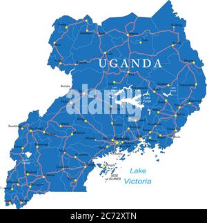 Sehr detaillierte Vektorkarte von Uganda mit Verwaltungsregionen, Hauptstädten und Straßen. Stock Vektor