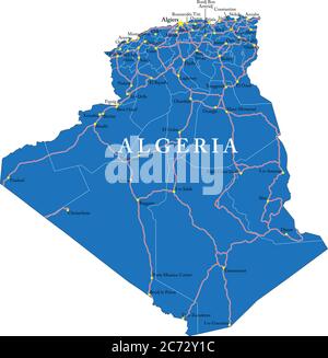 Sehr detaillierte Vektorkarte von Algerien mit Verwaltungsregionen, Hauptstädten und Straßen. Stock Vektor