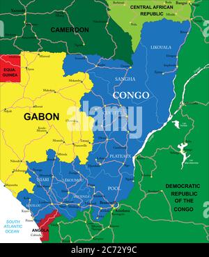 Sehr detaillierte Vektorkarte von Kongo mit Verwaltungsregionen, Hauptstädten und Straßen. Stock Vektor