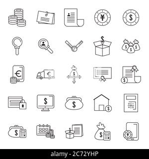 Linie Symbol Satz von Geld Geschäft Finanzbankwesen Handel und Markt Thema Vektor-Illustration Stock Vektor