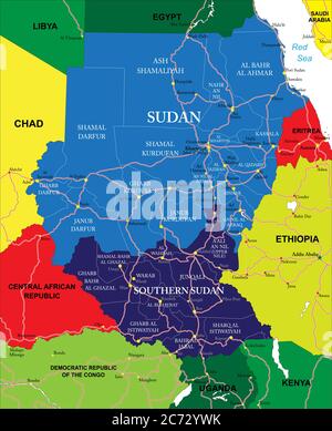 Sehr detaillierte Vektorkarte des Sudan mit Verwaltungsregionen, Hauptstädten und Straßen. Stock Vektor