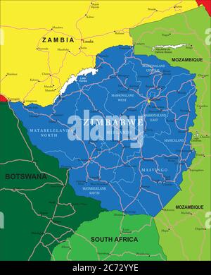 Sehr detaillierte Vektorkarte von Simbabwe mit Verwaltungsregionen, Hauptstädten und Straßen. Stock Vektor