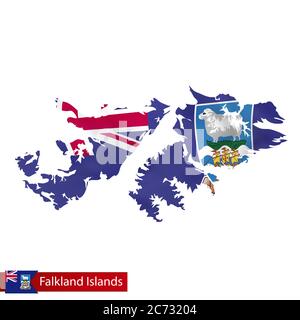 Falkland-Inseln Karte mit wehender Flagge des Landes. Vektorgrafik. Stock Vektor