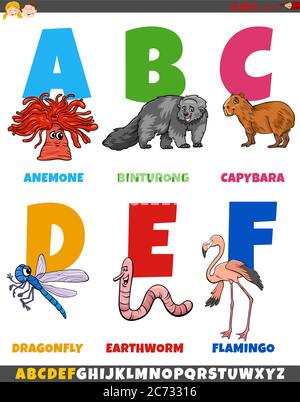 Cartoon Illustration von pädagogischen bunten Alphabet Set von Buchstaben A bis F mit Comic-Tierfiguren Stock Vektor