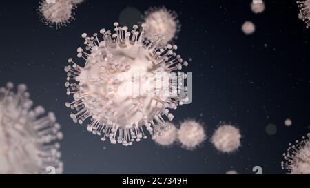 Viruszellen. Coronavirus Covid-19 Ausbruch Pandemie, mikroskopische Viren aus der Nähe. 3d-Rendering Stockfoto