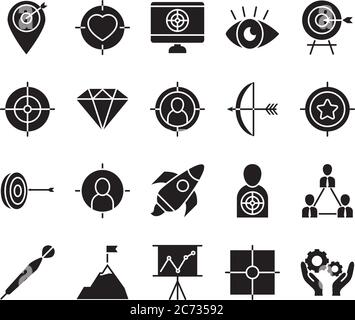Icon Set von Augen und Ziele auf weißem Hintergrund, Silhouette Stil, Vektor-Illustration Stock Vektor