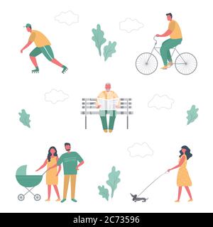 Sommer Menschen Aktivitäten im Park. Männer und Frauen ruhen sich aus: Fahrrad fahren, Rollschuh laufen, mit dem Kinderwagen laufen, Zeitung lesen, Hund laufen Stock Vektor