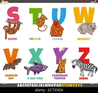 Cartoon Illustration von pädagogischen bunten Alphabet Set von Buchstaben S bis Z mit Comic-Tier-Charaktere Stock Vektor