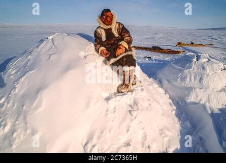 Inuit älterer Mann, Mitte 60, in traditioneller Karibu-Kleidung gekleidet, auf einem traditionellen Iglu. Tatsächliche Iglus werden nicht mit Blöcken zurückgelassen, die angezeigt werden. Wenn die Blöcke an Ort und Stelle sind, ist das Iglu mit Schnee bedeckt, um weitere Isolierung zu erhalten. Ein traditioneller Schlitten (Komatik) ist im Hintergrund zu sehen. Stockfoto