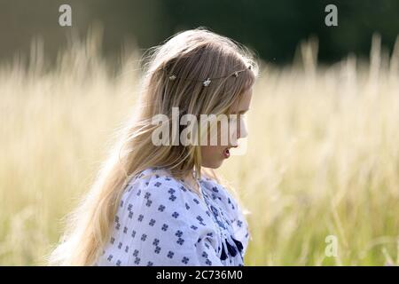 Ein junges hübsches Hippie-Mädchen mit einer Gänseblümchen-Kette in ihren blonden Haaren geht im langen Gras im Sonnenschein auf einem Weidefeld im Sommer. Stockfoto