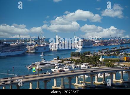 Vier Kreuzfahrtschiffe im Hafen von Miami Stockfoto