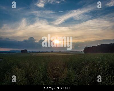 Fantastischer Sonnenuntergang auf einem Feld in Oberschwaben Stockfoto