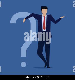 Geschäftsmann stehen hinter Fragezeichen und Geste der nicht wissen. Stock Vektor