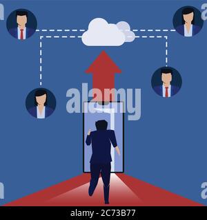 Geschäftsmann laufen, um Telefon erhalten einen Job online Cloud-Server. Vorlage Für Die Startseite Des Unternehmens. Stock Vektor