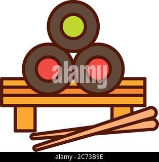 japanisches Sushi mit Sticks Fast Food Abendessen und Menü, leckere Mahlzeit und ungesunde Vektor Illustration Linie und füllen Symbol Stock Vektor