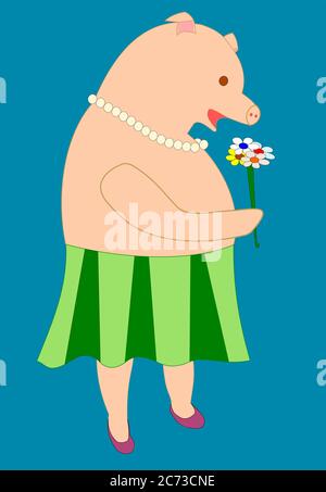 Eine jpeg-Illustration einer Schweinin mit Perlenkette in einem grünen Rock, der einen Blumenstrauß riecht. Isoliert auf blau. Stockfoto