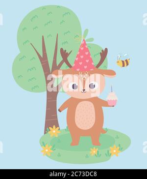 Alles gute zum Geburtstag, niedliche kleine Hirsch mit Cupcake und Biene Feier Dekoration Cartoon Vektor Illustration Stock Vektor