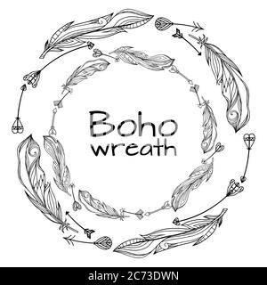 Kränze von handgezeichneten Federn mit Boho-Muster und Doodle-Pfeile. Tribal-Doodle-Elemente. Vektor-Element für Ihre Kreativität. Stock Vektor