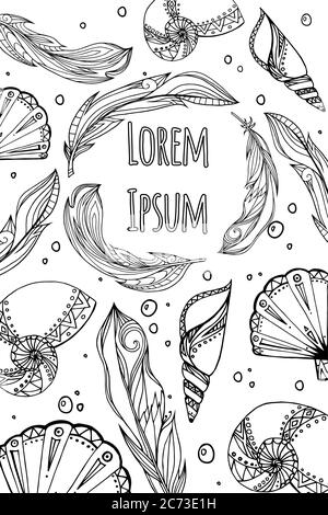 Karte mit handgezeichneten Federn und Muscheln mit Boho-Muster. Tribal Doodle Postkarte. Vektor-Element für Ihre Kreativität. Stock Vektor