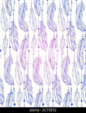 Nahtloses Muster aus handgezeichneten Federn mit Boho-Muster. Tribal Doodle Hintergrund. Vektor-Element für Ihre Kreativität. Stock Vektor