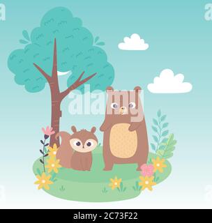 Niedliche kleine Eichhörnchen und Bär auf Gras mit Blumen und Baum Cartoon-Vektor-Illustration Stock Vektor