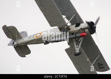 G-BGMC, ein Fairey Swordfish I (früher W5856 im Royal Navy Service), betrieben von der Royal Navy Historic Flight, die 2016 bei East Fortune angezeigt wird. Stockfoto