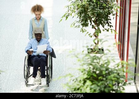 Afrikanischer behinderter Geschäftsmann sitzt im Rollstuhl und liest Dokument, während sein Kollege hinter ihm geht Stockfoto