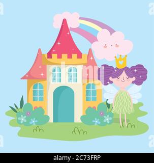 Kleine Märchenprinzessin mit Flügeln Burg Regenbogen Wolken Gartenmärchen Cartoon Vektor Illustration Stock Vektor