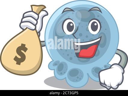 Verrückte reiche Cartoon-Bild von pasteurella mit Geldbeutel Stock Vektor