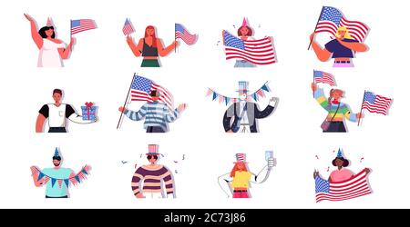 Set Menschen halten usa Fahnen mischen Rennen Männer Frauen feiern 4. Juli amerikanischen Unabhängigkeitstag Konzept Porträt horizontale Vektor Illustration Stock Vektor