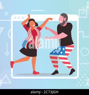 Paar feiern 4. Juli amerikanischen Unabhängigkeitstag Feier Konzept Mann Frau mit Spaß Web-Browser-Fenster voller Länge Vektor Illustration Stock Vektor