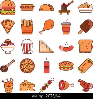 Fast Food Abendessen und Menü, leckere Mahlzeit und ungesunde, Restaurant Mittagessen Symbole setzen Vektor-Illustration Linie und füllen Stil Stock Vektor