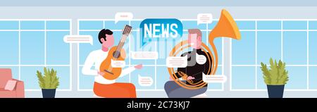Musiker paar spielen Musikinstrumente diskutieren täglich Nachrichten Chat Blase Kommunikation Konzept Wohnzimmer Interieur Porträt horizontale Vektor Illustration Stock Vektor