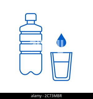 Symbole aus Wasserglas und Plastikflaschen auf weißem Hintergrund isoliert. Bleib hydratisiert. Trinken Sie Wasser Stock Vektor