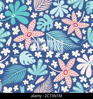 Tropisches Blattmuster Design, Vektor nahtlose Wiederholung der Sommer Palmen und Blumen. Stock Vektor