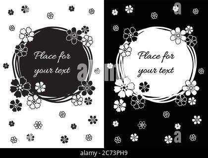 Blumengrußkarte Design rechteckig mit schwarz und weiß handgezeichneten Vintage-Frühlingsblumen mit kreisförmigen Kopie Raum. EPS 10 Vektorgrafik. Stock Vektor