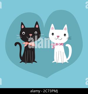 Zwei niedliche Cartoon schwarz und weiß Katze paar mit gepunkteten und karierten kerchiev sitzt im Herzen, Anime-Stil isoliert auf blauem Hintergrund. Für Kinder Stock Vektor