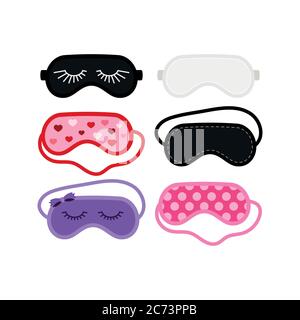 Schlaf Schönheitsmasken Augenschutz tragen Accessoire Kollektion - weiß, rosa, schwarz lila Icon-Set. Stock Vektor