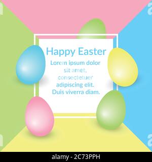 Happy Easter Card Vektor mit weißem quadratischen Rahmen, rosa, blau, grün und gelb Eier auf bunten geometrischen Hintergrund. Für Einladung, Promotion, Verkauf Stock Vektor