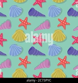 Seashell nautische marine nahtlose Muster. Bunte Textur mit handgezeichneten Seesternen, Muscheln und Schnecke auf blaugrünem Meeresgrund. Vektor Stock Vektor
